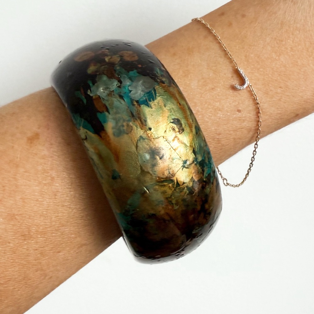 Vintage Chunky Turquoise, Gold & Brown Resin Bangle Bracelet